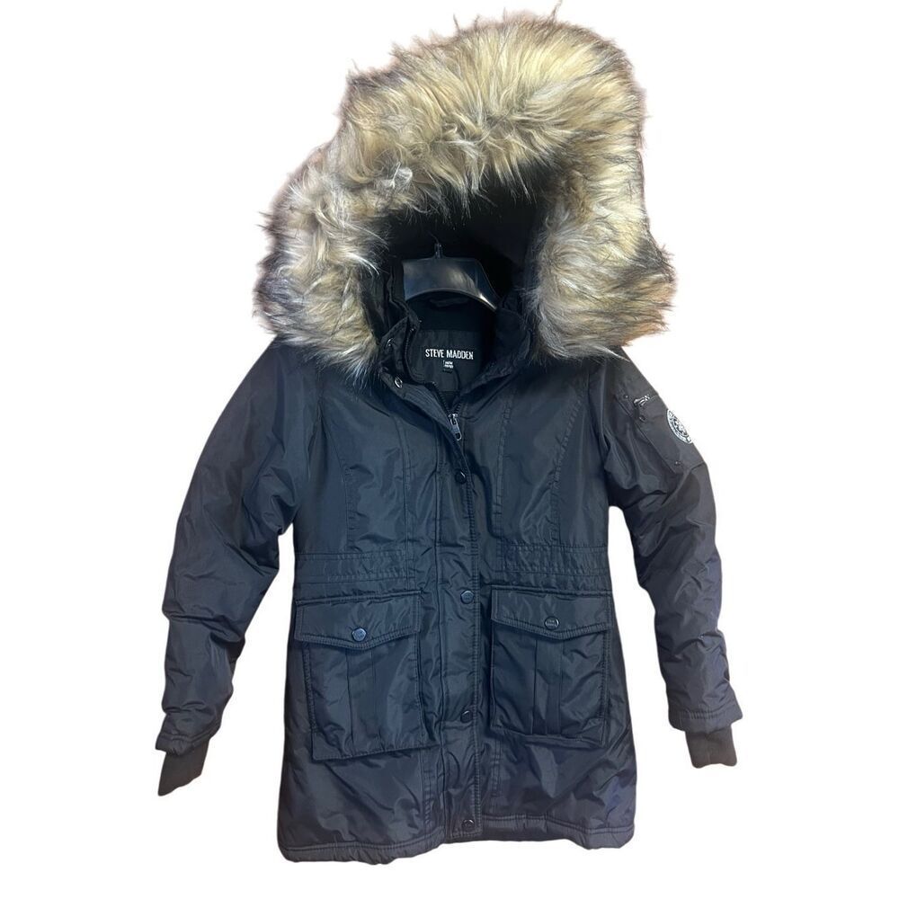 Steve Madden Charcoal Puffer Jacket with Faux Fur Trim